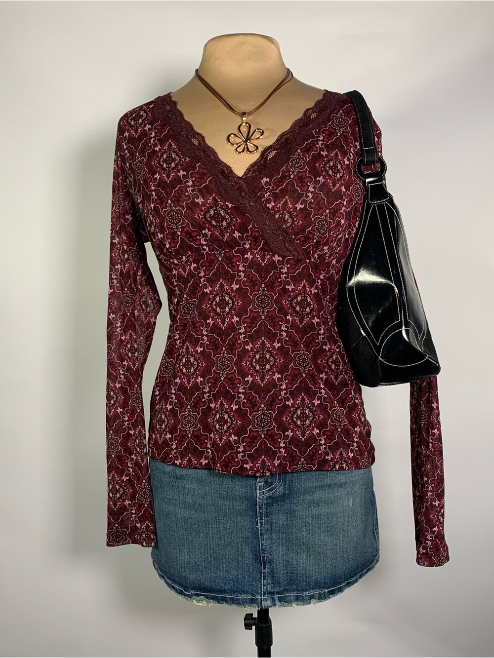 Y2K New York & Company Burgundy Lace Trim Mesh Top Long Sleeve Boho Fit L Best